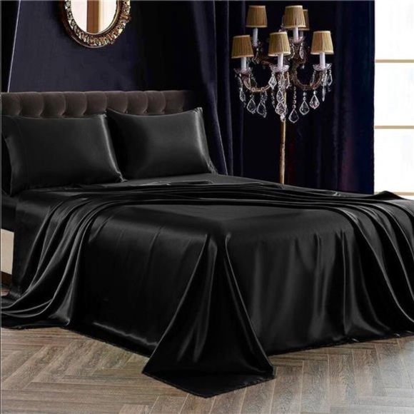4Pcs Satin Sheet Set Queen Size Ultra Silky Soft Black Satin Queen Bed Sheets